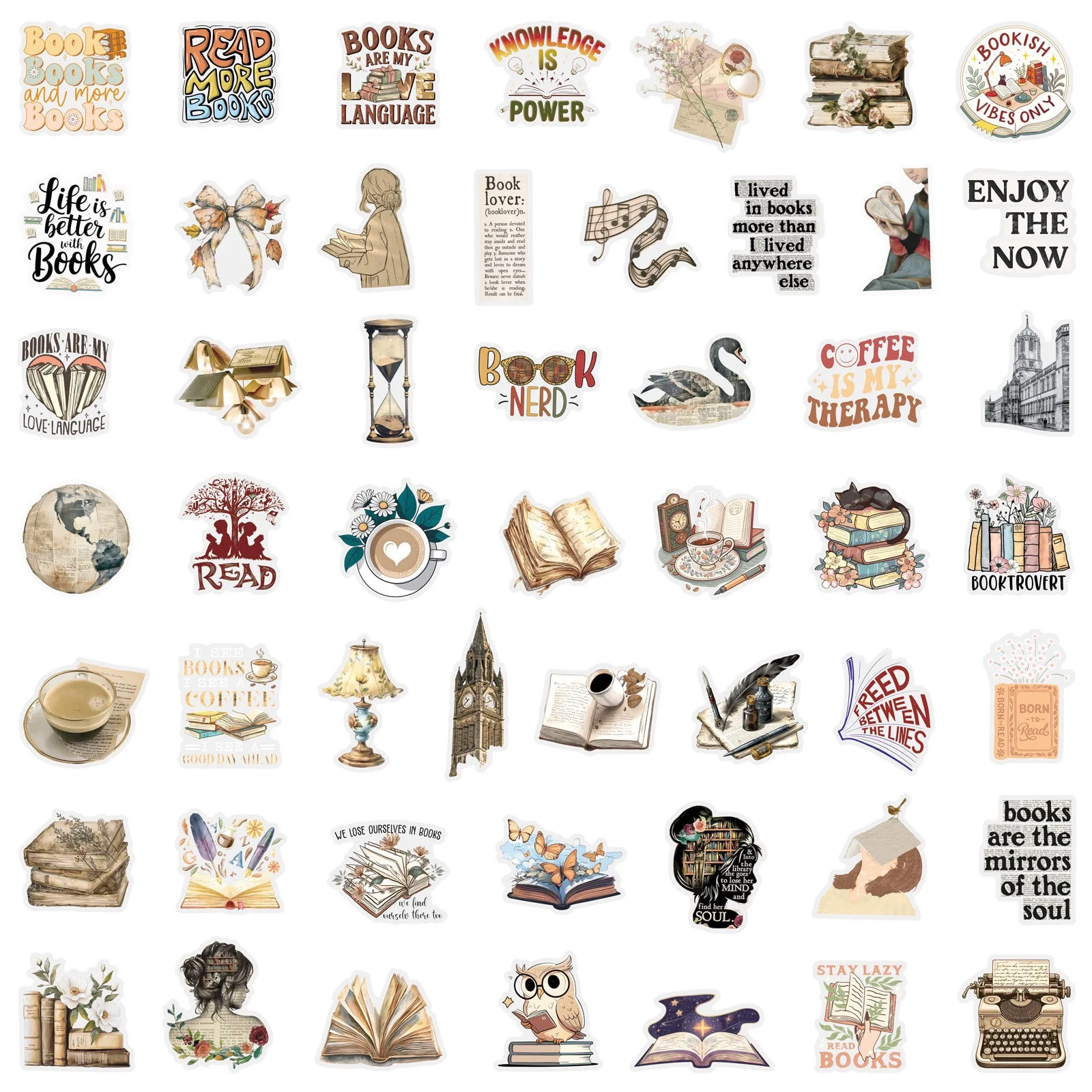 10/50pcs 레트로 책 읽기 책 학생을위한 투명 스티커 학교 시즌 선물 Scrapbooking 노트북 DIY 노트북 전화
