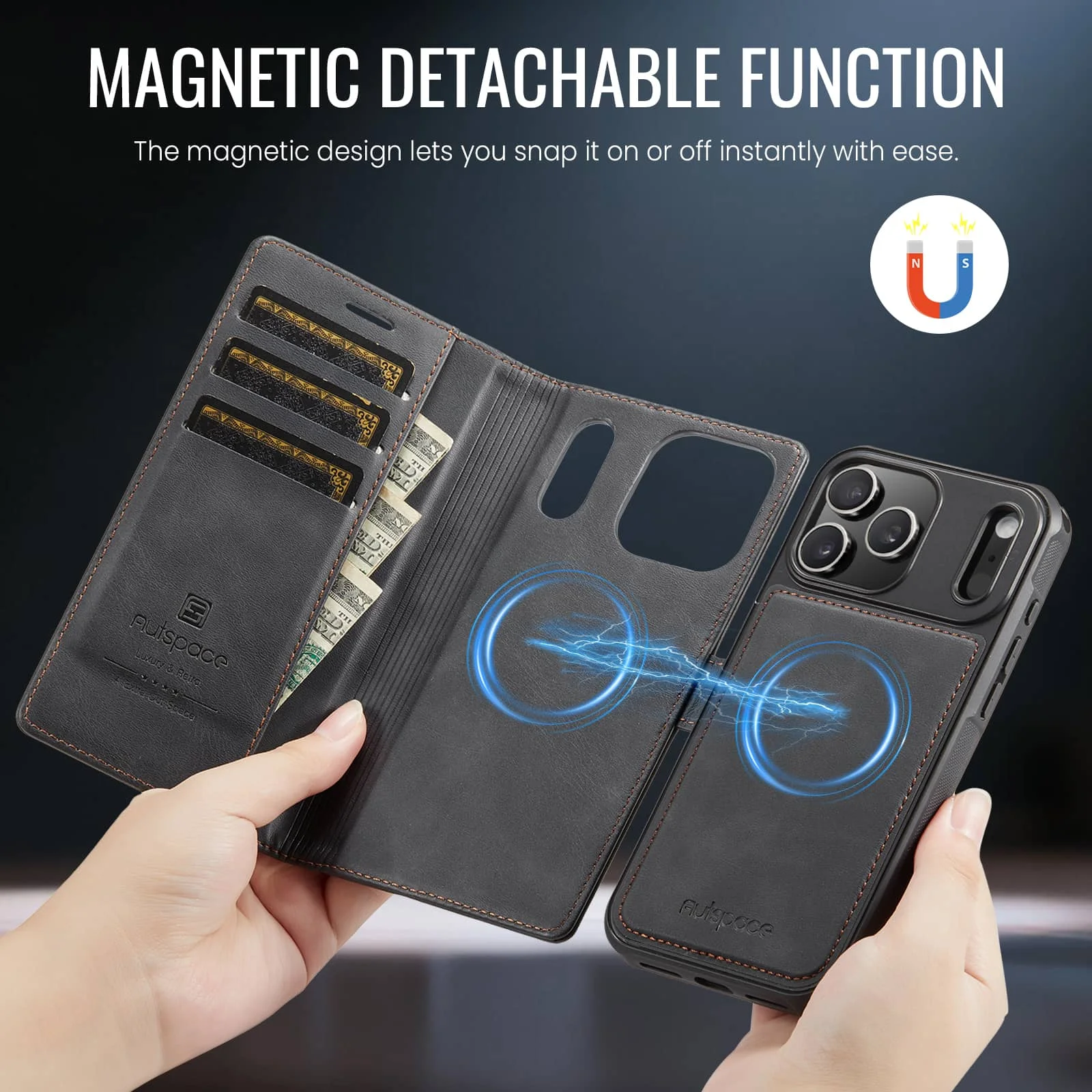 Deluxe Detachable Wallet Case - 2-in-1 Flip Folio Card Holder with RFID Protection and Shockproof Kickstand