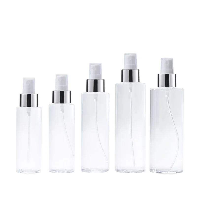 

Transparent Plastic Bottles PET Shiny Silver Pump Cosmetic Refillable Empty Mist Spray Bottle 100ml 120ml 150ml 200ml 250ml