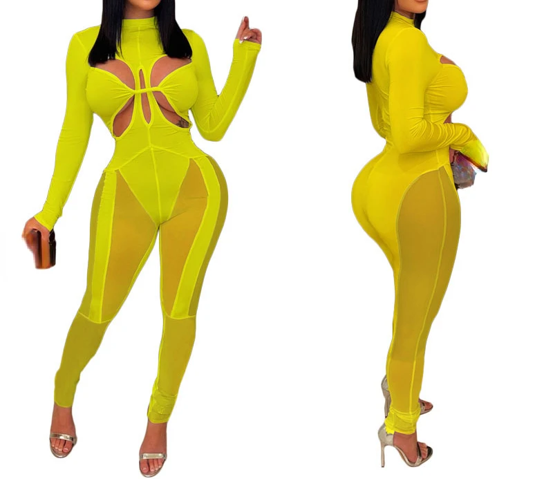 Women's Spring and Summer New Mesh Stitching Sexy Wispy Empty Jumpsuit Fashion Casual Party Sexy Jumpsuits Female and Lady Rompe