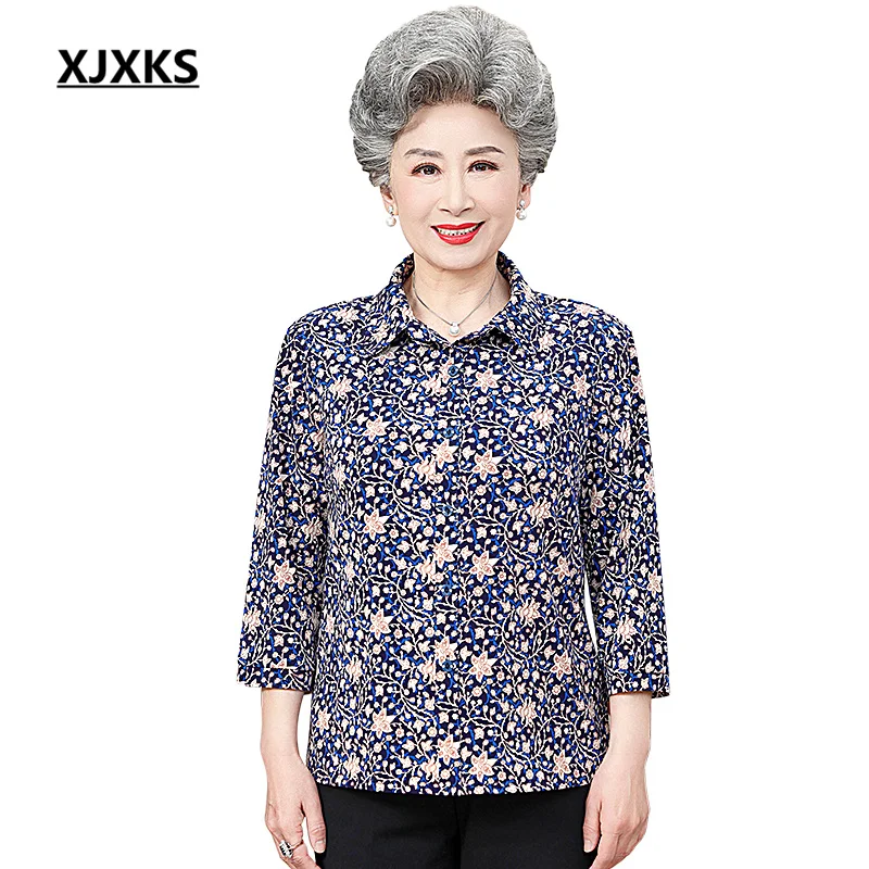 

Блузка XJXKS с принтом для женщин среднего возраста, новинка весны-лета 2023, однобортный Кардиган с отложным воротником и рукавами в семи точек, женская рубашка