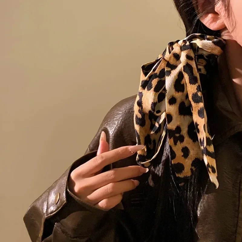 Y2K American Leopard Print Long Scarf 100x7CM Tie Multifunction Hair Band Bags Handle Decoration Long Scarfs Women Accessories 5