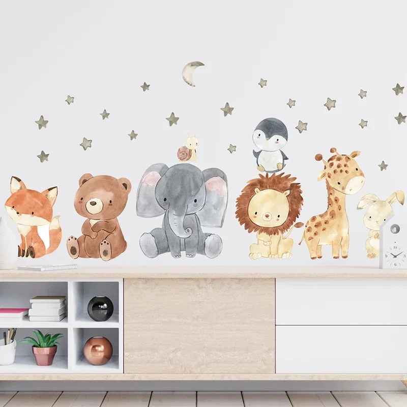 Watercolor Cartoon Cute Africa Animals Wall Stickers Elephant Giraffe Bear Fox Kids Room Wall Decals Decorative Sticker for