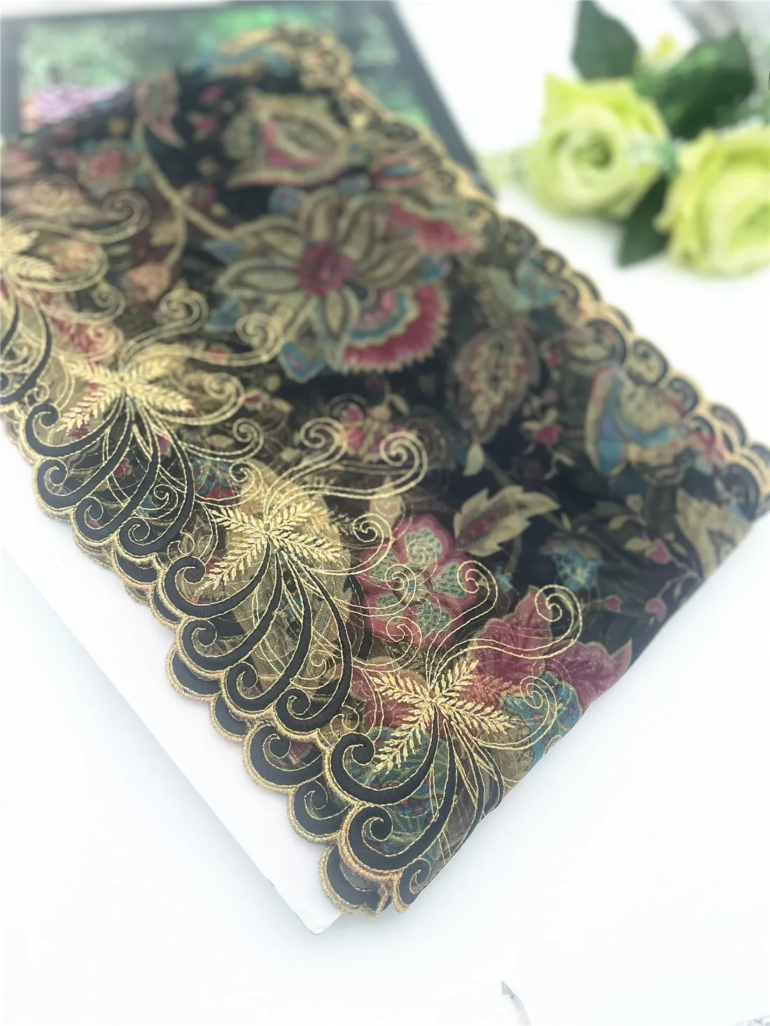 3y/lot Width 17cm Luxury Floral Gold Shiny Embroidery Lace Trim For Skirt Hem Clothes Sewing Material DIY Apparel Dress Fabrics 1