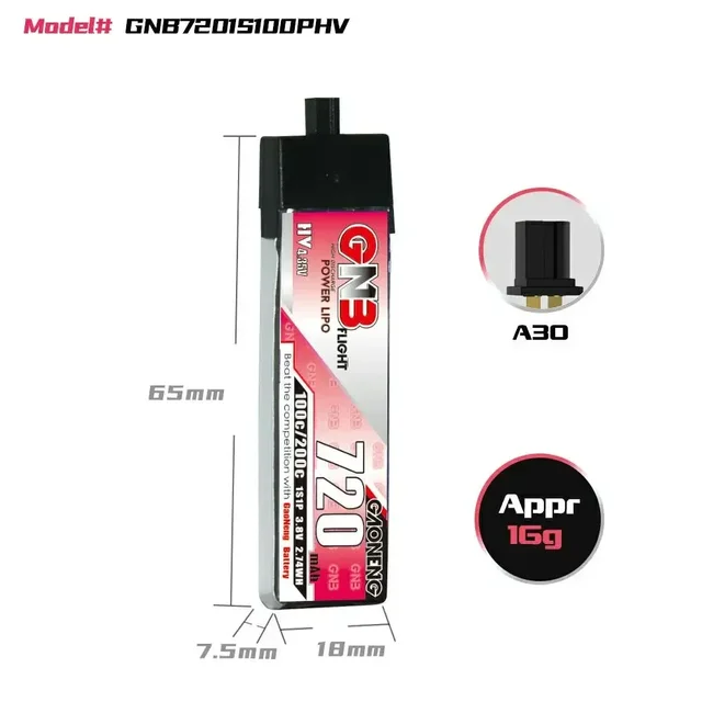 6PCS GNB 3.8V 720mAh 1S 100C/200C HV 4.35V LiHV Battery With A30 Male Connector For RC FPV Drone DIY Plug VS BT2.0 5