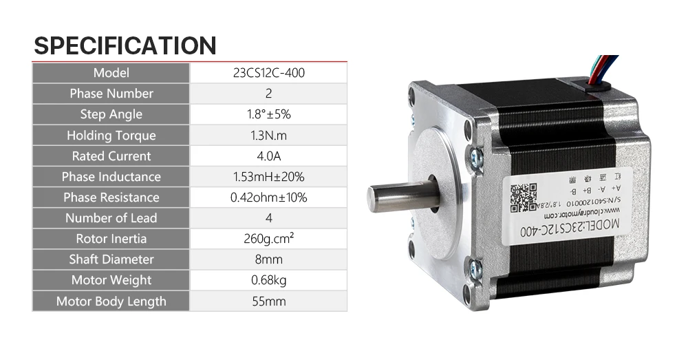 Description Picture 2 of itemCloudray Nema 23 Stepper Motor 1.3N.m 4.0A 55mm length with 8mm shaft diameter for CNC Engraving Milling Machine