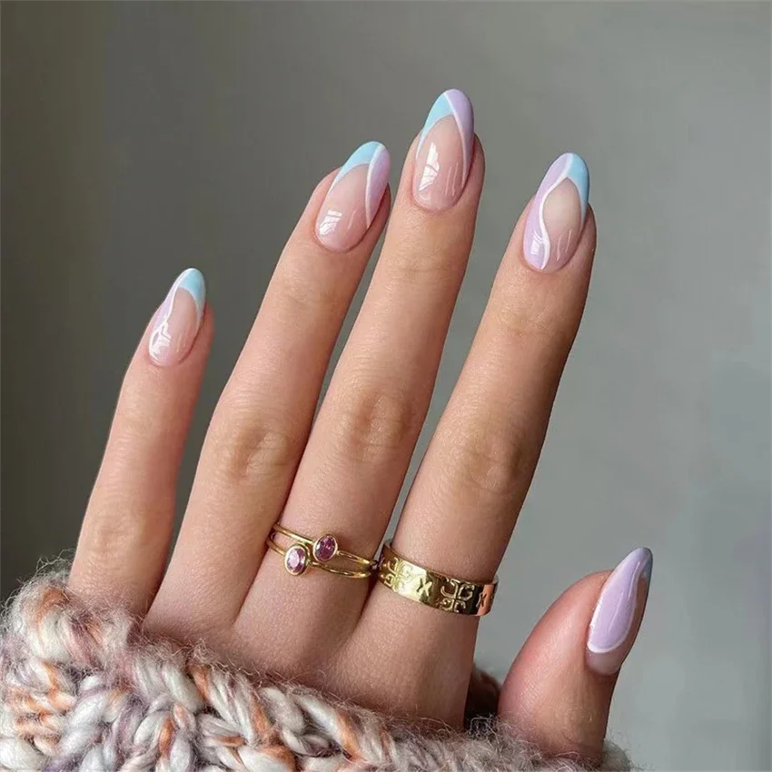Fake nails 24Pcs French almond multicolor wave finished full acrylic removable press on nail art glossy waterproof
