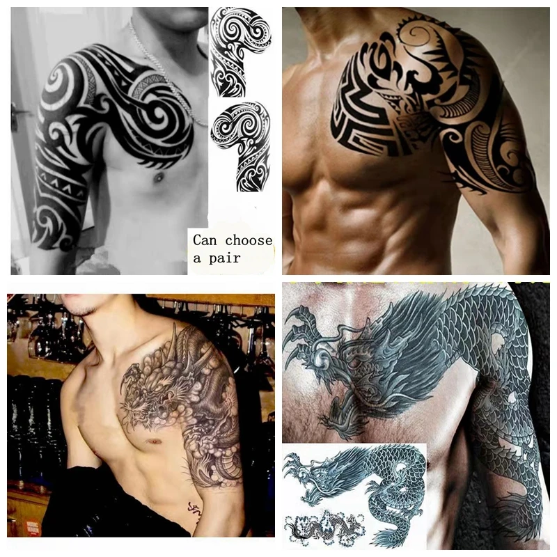 Waterproof Tattoo Sticker Male Half Shoulder Dragon Totem Breastplate Flame Flower Arm Art Fake Tattoo Black Big Size