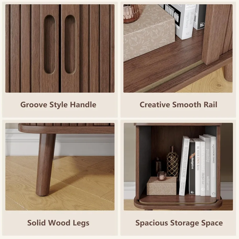 End Table Set with Charging Station, Mid Century Modern Fluted Nightstands with Sliding Tambour Doors, Curved Accent Wood Side 5