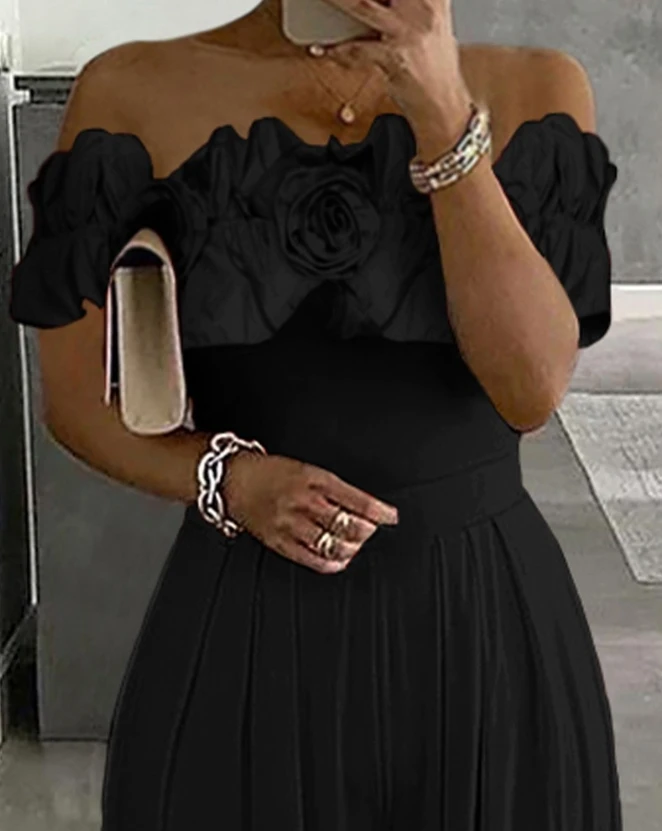Rose Flower Detail Off The Shoulder Short Sleeved Sexy Top and Waist Length Pants Wide Leg Jumpsuit New Unique Women