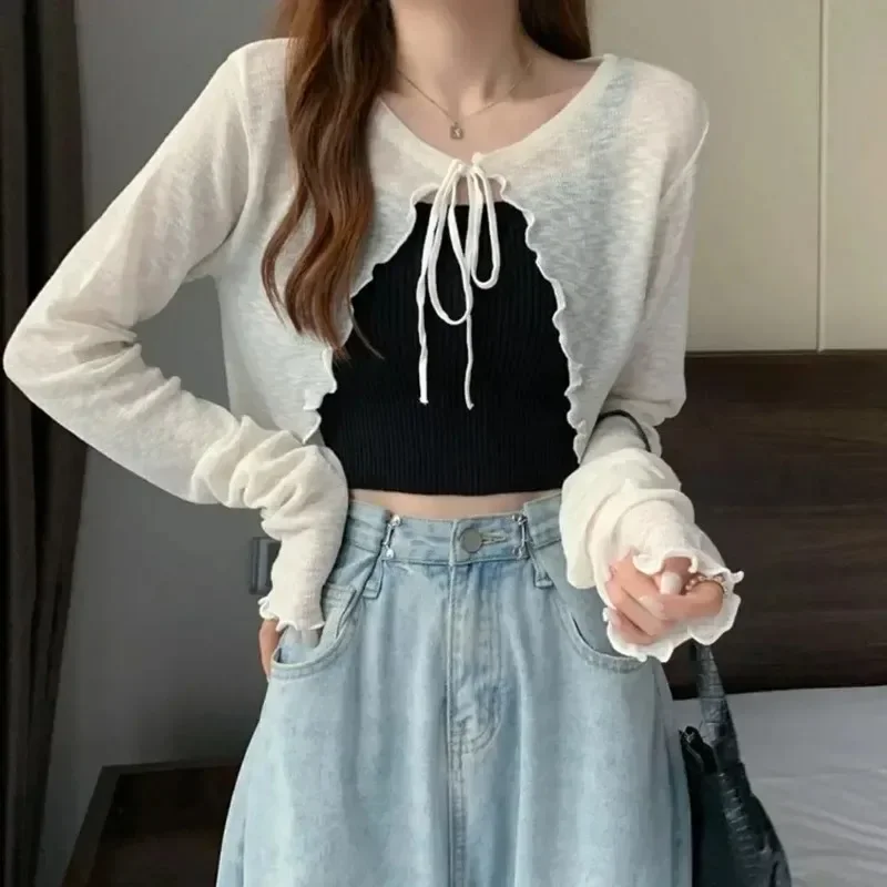 White Knitted Cardigan Women Summer Thin Sunscreen Lace-Up Knitwear Tops Female Korean Style Lantern Sleeve Short Coat