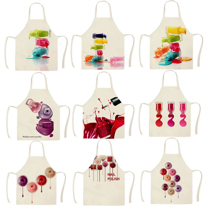 

1 Pcs Women Nail Polish Lipstick Pattern Cotton Linen Aprons for Kitchen 66x47cm Home Cooking Baking Cleaning Accessories