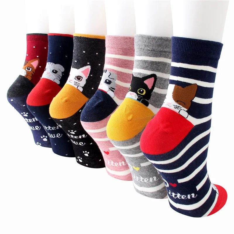 

Kawaii Cute Women Striped Cartoon Socks Ladies Female Colorful Korean Style Cat Face Funny Animal Cotton Sock