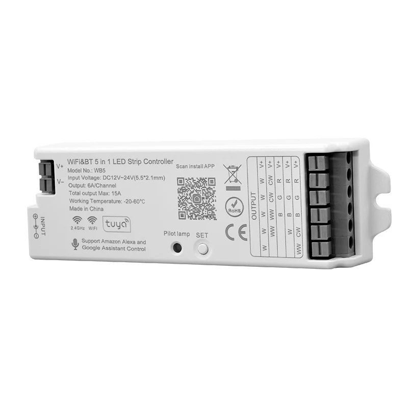 FCOB WB5 WiFi Tuya LED Controllore WiFi Alexa Google Assistant Tuya Smart APP Controllo per strisce LED monocromatiche CCT RGB RGBW RGBCCT Compatibile con RC01RFB RC02RFB RC03RFB Telecomando RF