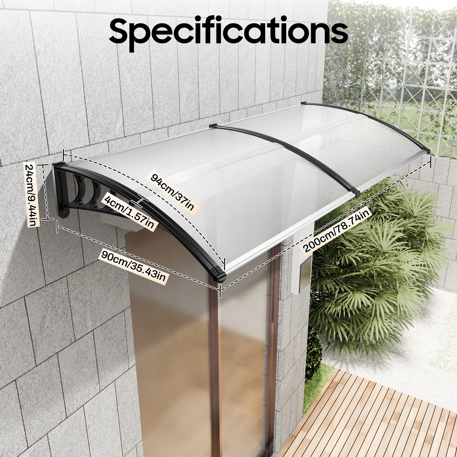 200x90cm Transparent Door Canopy Outdoor Sun Shade Wall Mounted