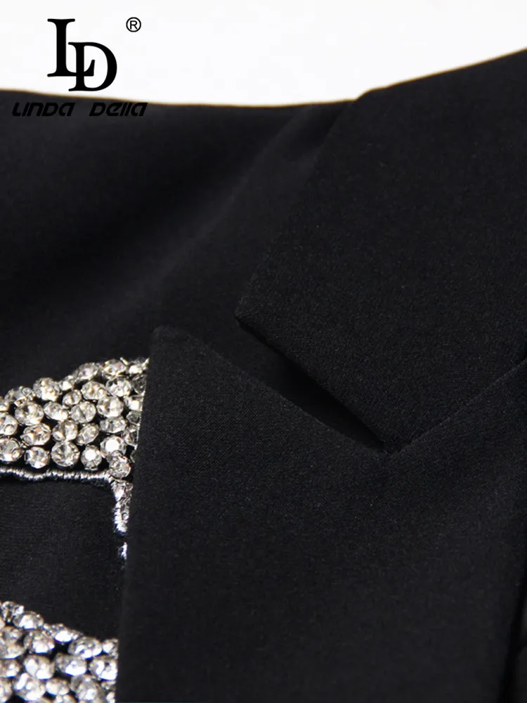 LD LINDA DELLA 2024 Autum winter Vintage Runway Coat Women's Black Extravagant Nail Bead Double-Breasted Slim Fit Suit Coat