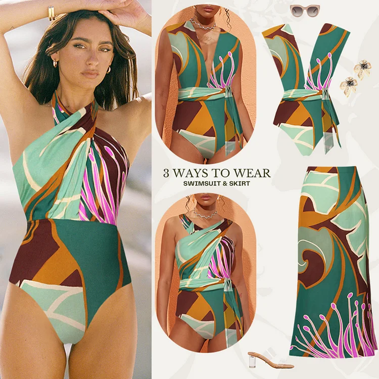 2024 Women's swimsuit  Halter Printed One Piece Swimsuit and Skirt Summer Swimwear Women Beachwear Bathing Suit bikini tankini