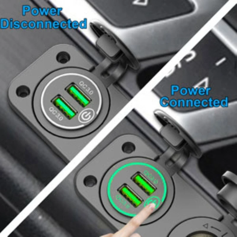 QC 3.0 Dual USB Car Charger C-Igarette Lighter Socket 12V Fast Charger with Contact Switch for Boat Motorcycle Truck