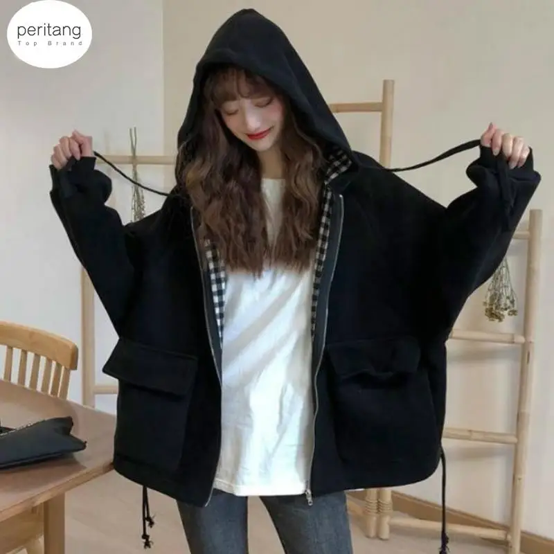 

Jackets Women Plaid Hooded Chic Daily Outwear Coats Casual Ins Loose Oversize 2XL Harajuku Teens Streetwear Bomber Jacket BF New