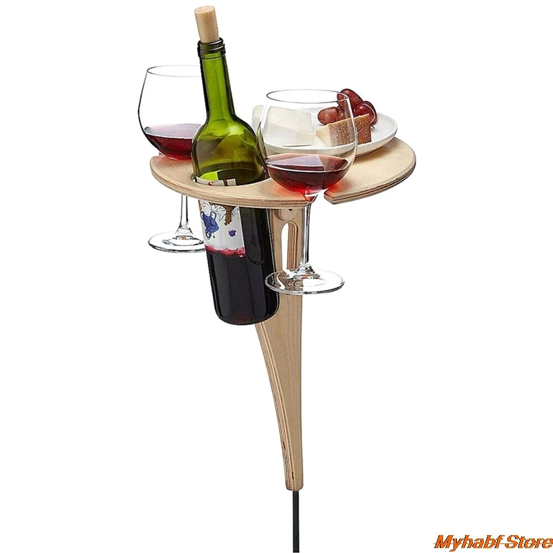 Foldable Table Creative Foldable Wine Table with Round Desktop Wooden Wine Glass Goblet Holder for Outdoor Picnic Camping Portable Rack