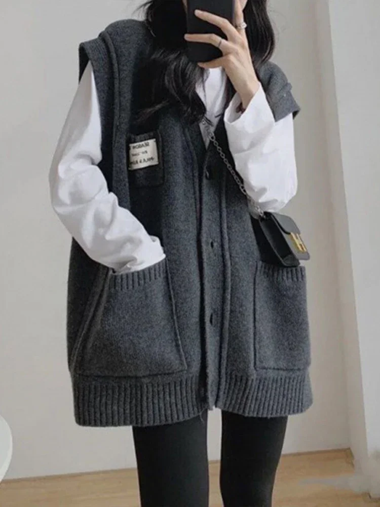 

Винтажный вязаный жилет, женский осенне-зимний Повседневный свитер без рукавов, женский модный однобортный Кардиган в Корейском стиле, жилет