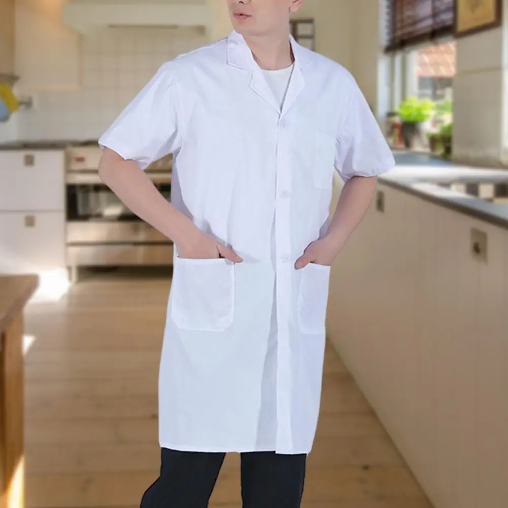 Professional White Coat Unisex Professional Lapel White Coat with Buttons Placket Pockets for Students Laboratory Food Factory