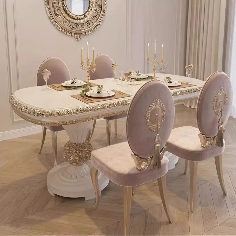 French light luxury court style dining table and chair combination solid wood carving flower oval high-end villa European luxury