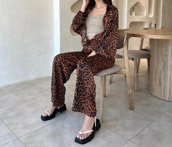 Two-Piece Set for Women 2024 Spring Summer Leopard Print Long Sleeved Shirt High Waisted Straight Leg Pants Casual Style Set
