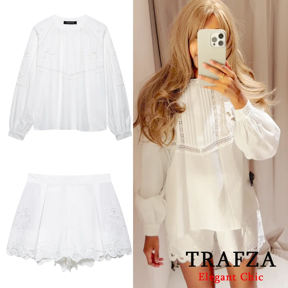 TRAFZA المرأة أنيقة مطرزة مجموعة بيضاء مجموعة تي ش...