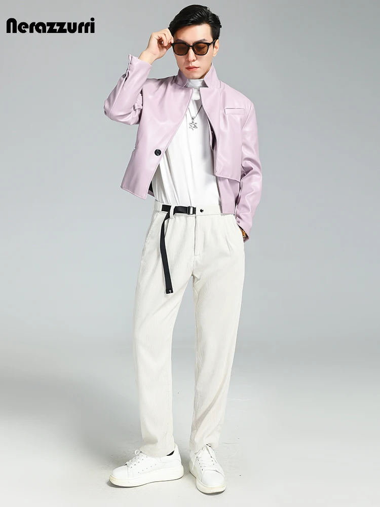

Mauroicardi Spring Autumn Cool Handsome Black Pink Short Soft Pu Leather Jacket Men Luxury Designer Fake Two Clothes Streetwear