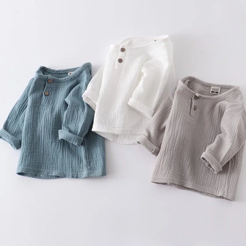 9m-6y Baby Boys Clothes Summer Thin Casual Shirts Children's Wear Tops Long Sleeved Solid Color Leisure O-neck Pullover Blouse