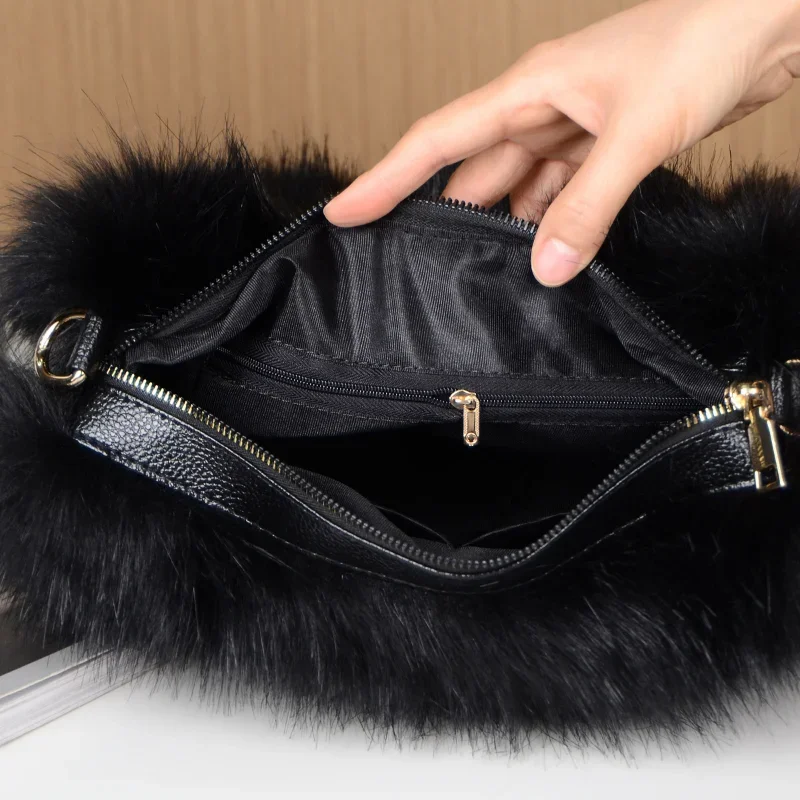 Winter Women's New Soft Solid Color Faux Fur Boston Bag Luxury Design Long Plush Patchwork Leather Handbag  Bolsas Femininas2024