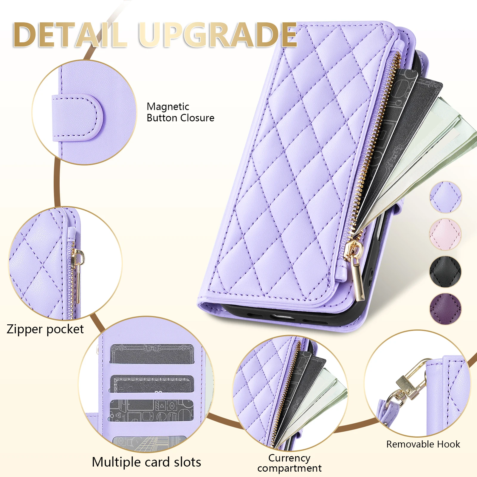 Compact Leather Wallet Case with Fragrance, Zipper, Multi Card Slots, and Magnetic Flip Closure