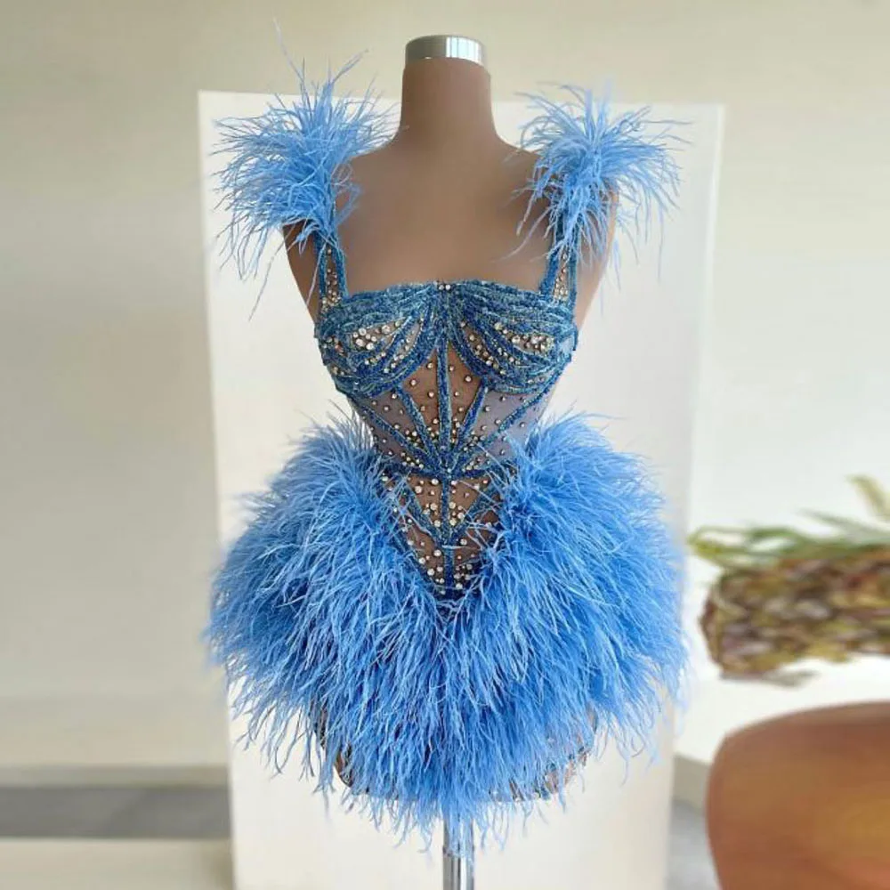

Fashion Blue Feathers Mini Party Dress Short Style Square Collar Sleeveless Pearls Ball Gowns Elegant Formal Women Prom Dress