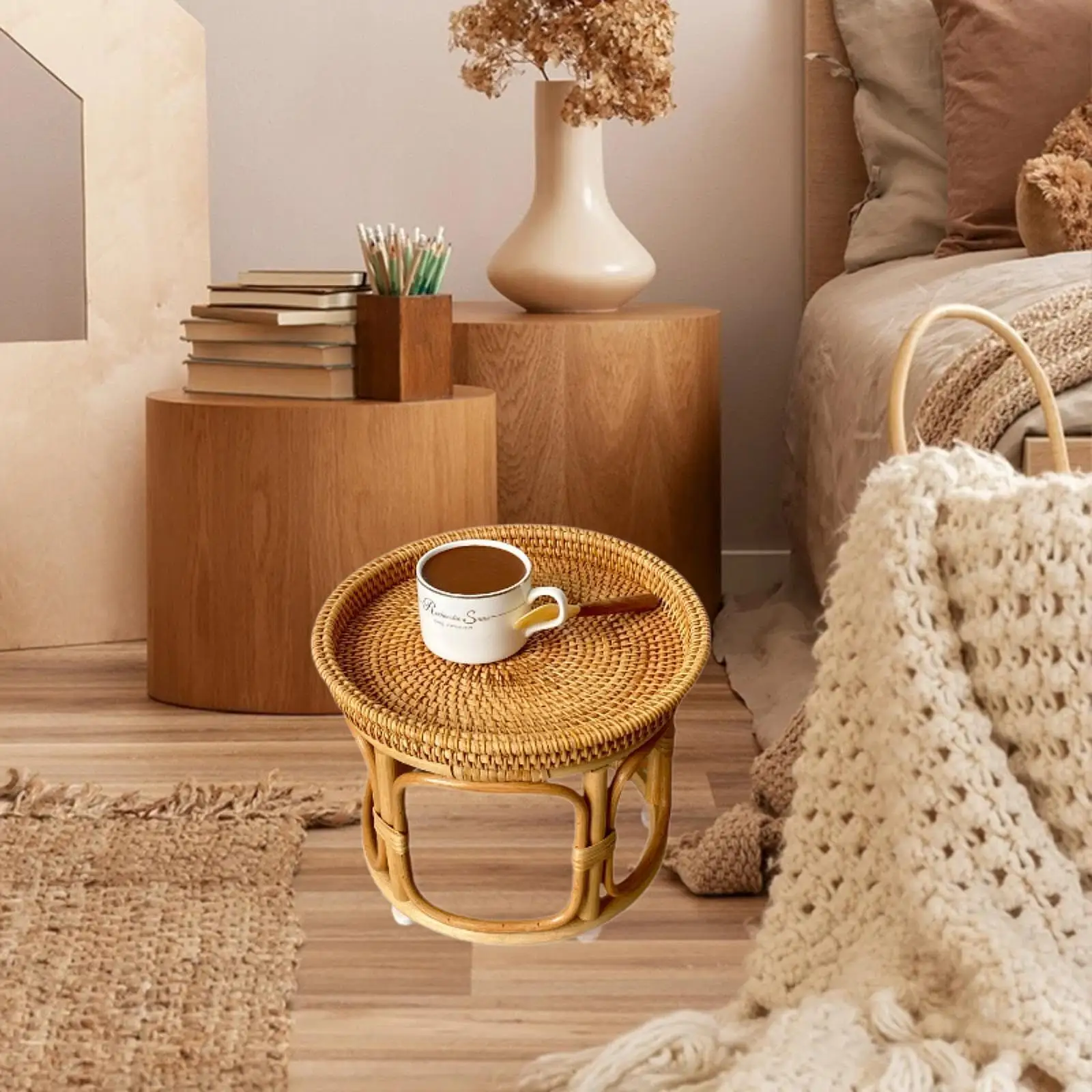 Rattan Side Table, End Table Tray Organizer Decorative Coffee Table NightStand for Office Indoor Proch Patio Room