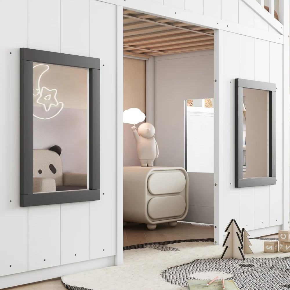 Modernes Kinder-Etagenbett 90x200cm mit Kiefernholzrahmen, Treppe, Fenster, Fallschirmsicherheitsgitter, Kinderzimmermöbel – Detail 18