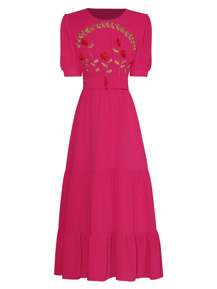 

Popular Fashion Designer Summer Woman's Short Sleeve Embroidery Applique Beading Modern Office Dresses