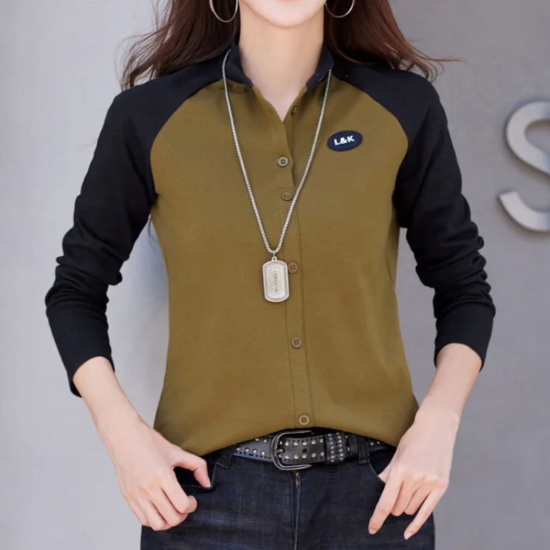 Autumn and Winter Women's Pullover Stand Neck Button Contrast Panel Long Sleeve Cardigan Hoodies Coat Fashion Casual Tops