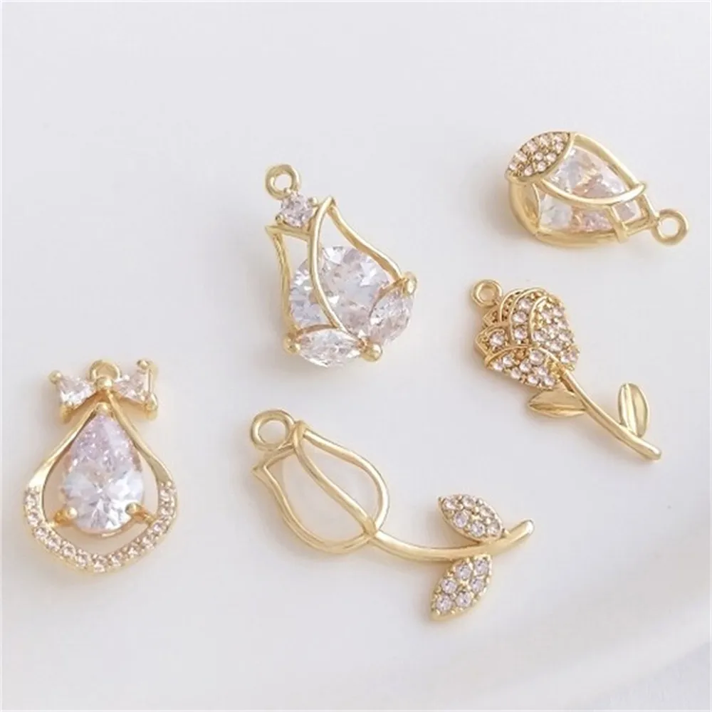 Micro Inlaid Zircon 14K Gold Wrapped Tulip Rose Pendant with Flower Bud Pendant DIY Hand Necklace Earring Charms Pendant K416 6pcs purple tulip erasable gen pens kawaii gel pen neutral pen with erasers korean stationery school office supplies kids gift