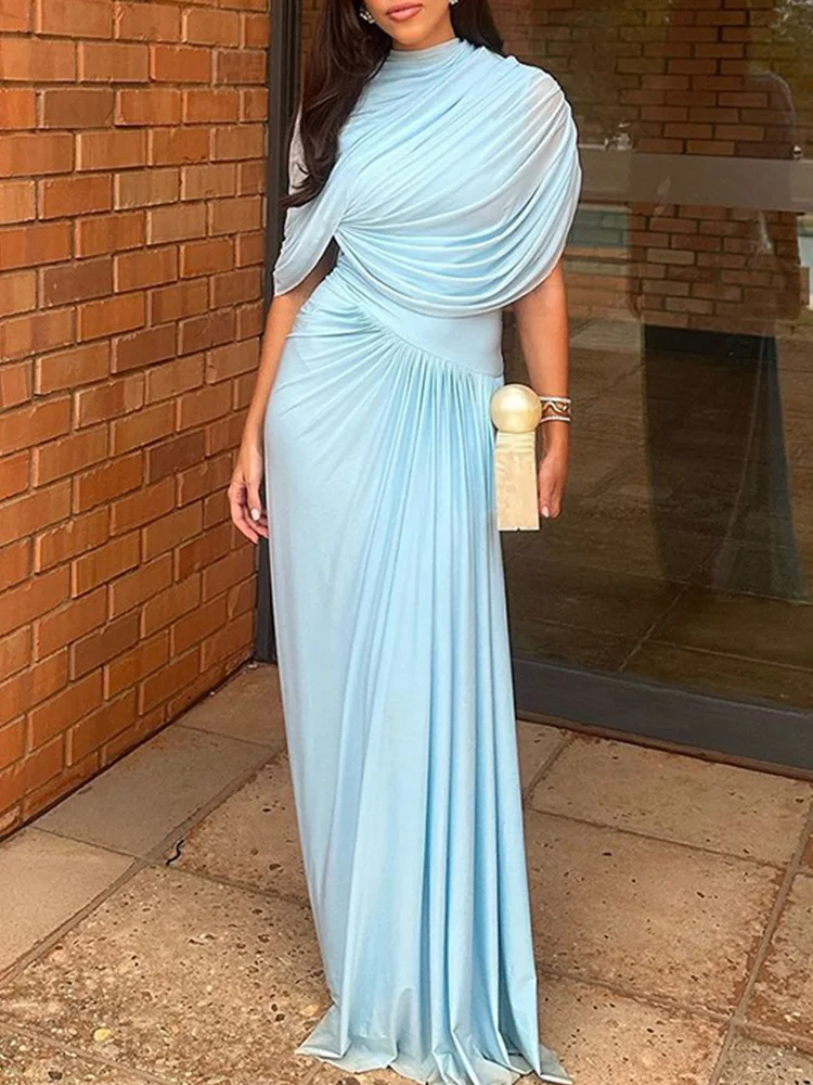 المرأة الشيفون غير المتكافئة الطية سليم ماكسي فستان 2025 الصيف سيدة موضة فساتين حفلات السهرة أنيقة شال حفلة فستان طويل