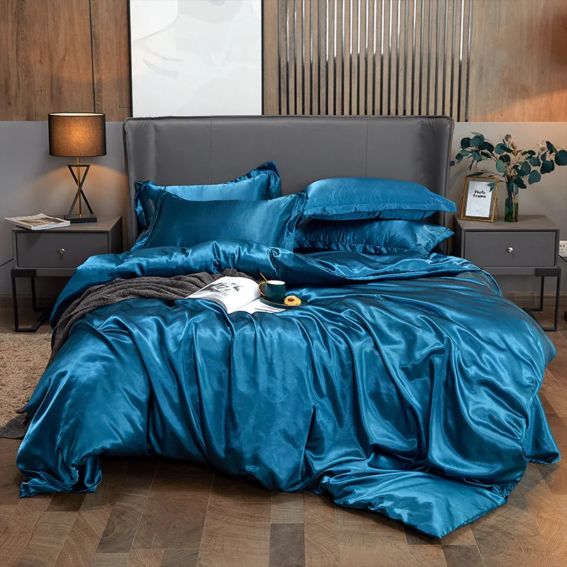

Luxury Women Blue 100% Silk Bedding Set Pure Healthy Queen King Duvet Cover Flat Sheet Pillowcase Bed Linen