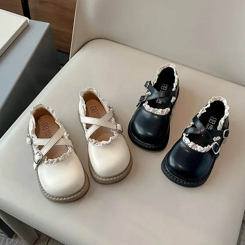 Children's Leather Shoes Chic Ruffled Edge Versatile Princess Shoes for Girls Fashion Simple New Kids Causal Flat Non-slip