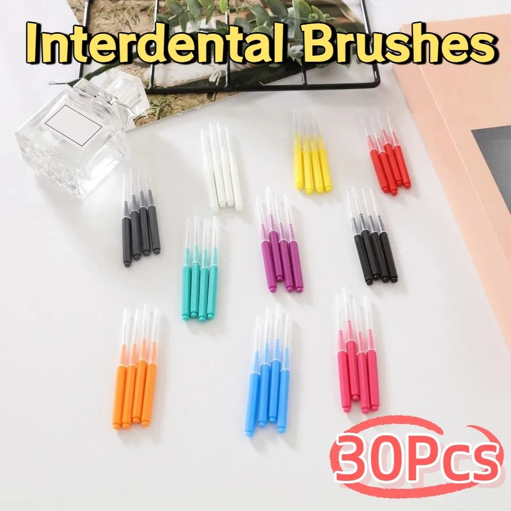 30개 일회용 교정기 브러시 부드럽고 구부릴 수 있는 치아 사이 브러시 효과적인 청소 사용하기 쉽습니다.
