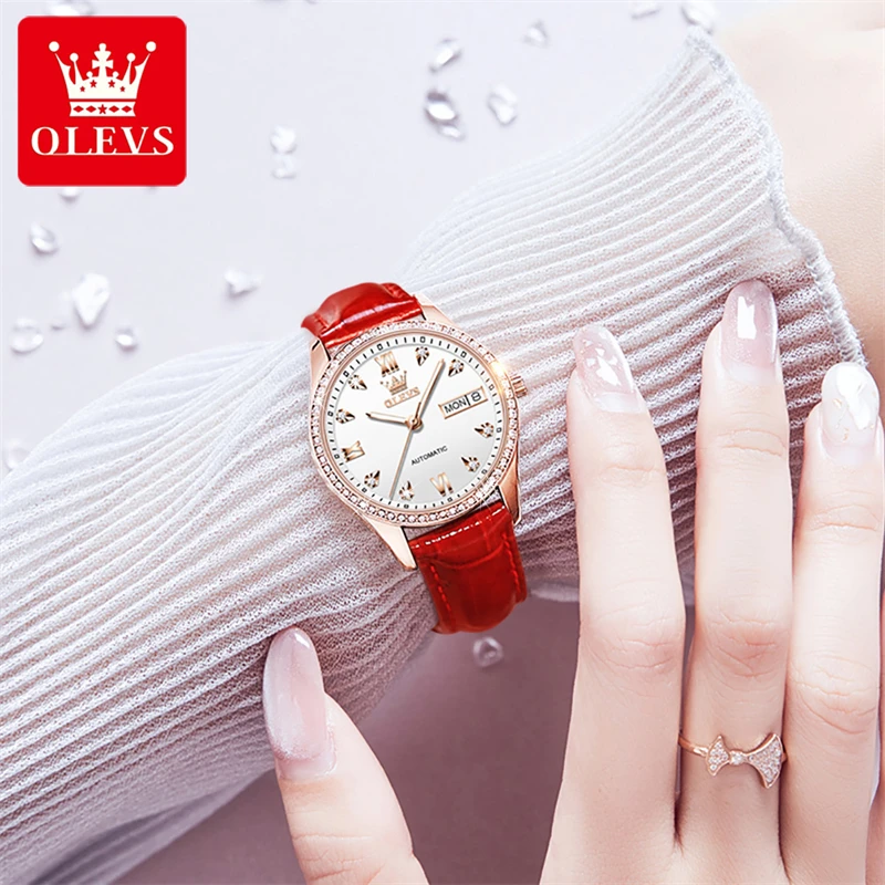 OLEVS Brand New Luxury Diamond Mechanical Watch for Women Leather Strap Waterproof Week Date Fashion Women Watches Montre Femme