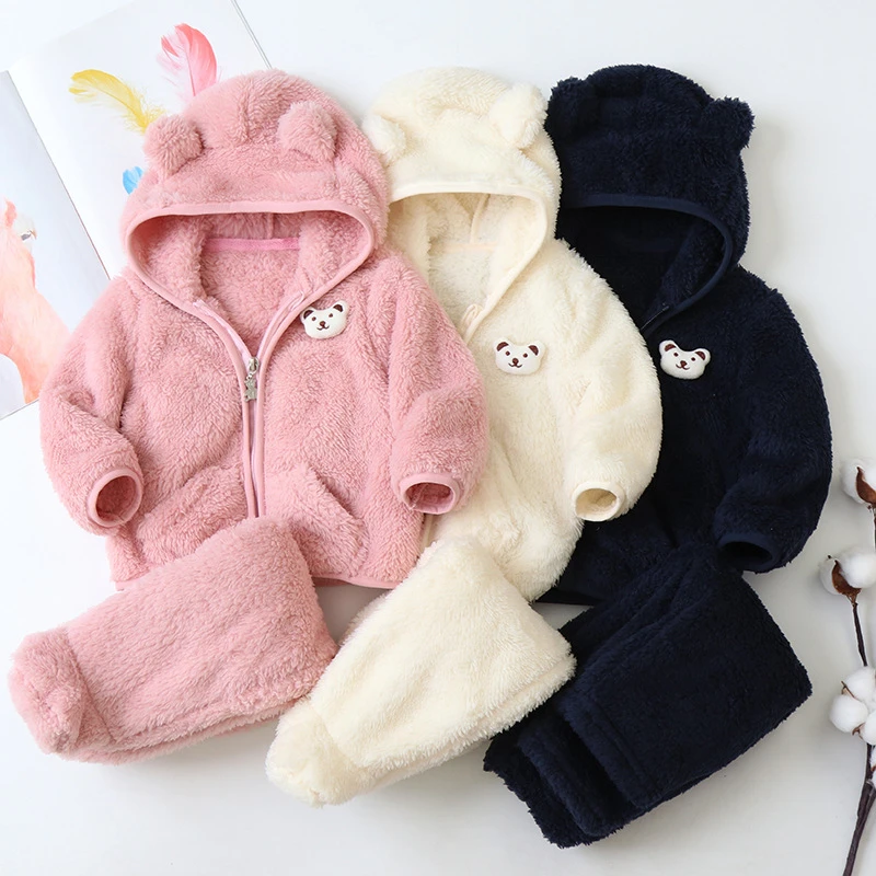 Cartoon Shower Windproof Toddler and Baby Girls Boys Fleece Coat+Pant Sets Full Zip Hooded Children Outfits Clothing 0-24 Months sun baby clothing set