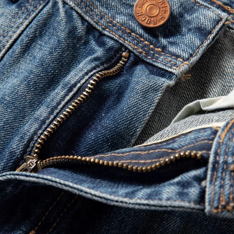 Men's Jeans Heavyweight Pure Cotton Straight Denim Pants Retro Washed Blue Cargo Cowboy Trousers Male 4