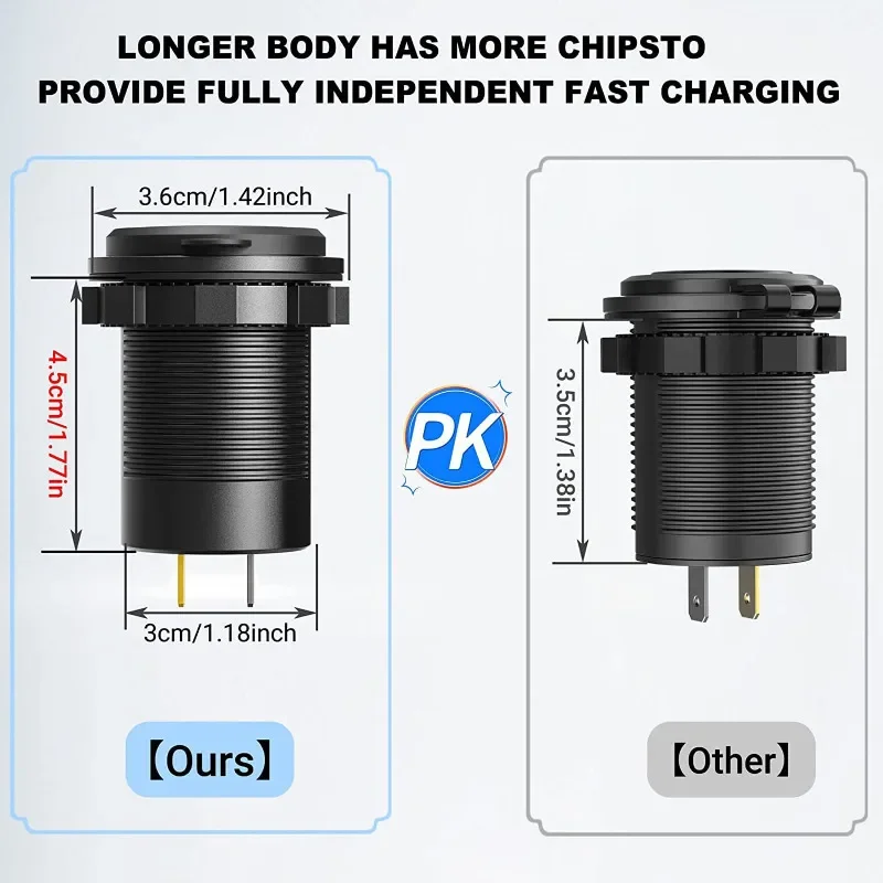 USB C 급속 충전 3.0 차량용 충전기 소켓, 12V 24V PD3.0 및 듀얼 QC3.0 포트, USB 고속 충전기 전원 콘센트, 터치 스위치 포함