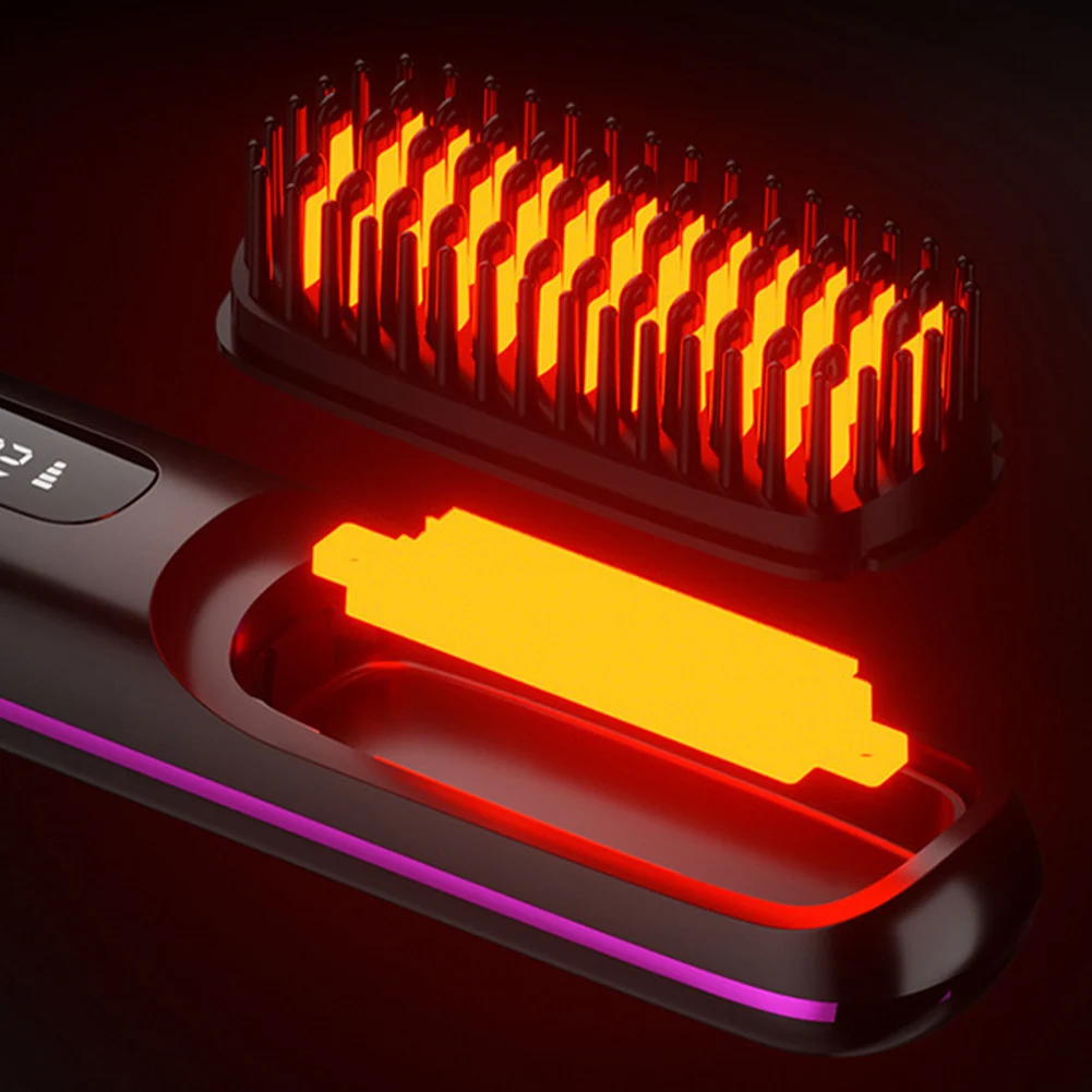 Cordless Ceramic Heated Hot Brush 3 Temp Settings 160-200C&deg; Rechargeable Travel Hair Straightener Portable Straightening Comb
