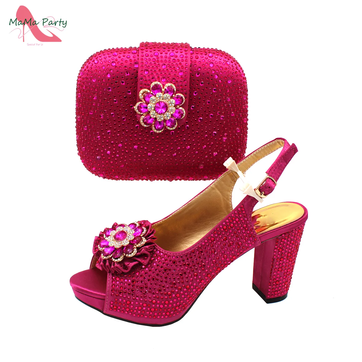 2024 High Quality New Arrivals Italian Design Shoes and Bag Set in Magenta Color Decorate with Rhinestone for Wedding