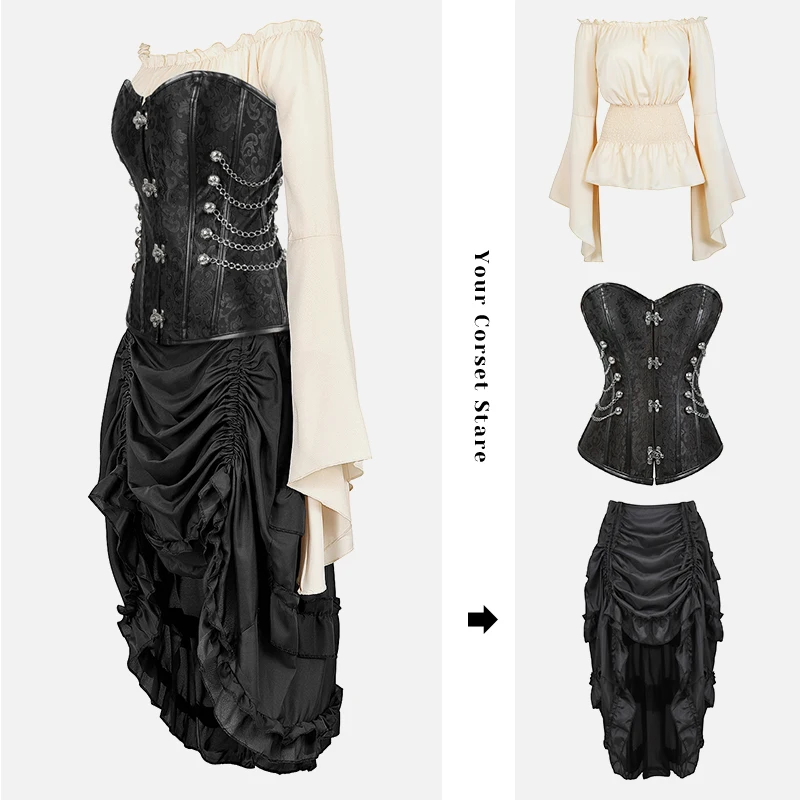 Black Gothic Corset Dress Faux Leather Plus Size Corset with Dress Medieval Blouse Tops Long Sleeves Pirate Costume for Women
